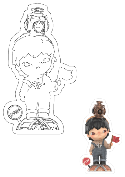 A unique figurine wearing a gas mask, holding a red flag, stands by a stop sign. Also features its black-and-white outline.