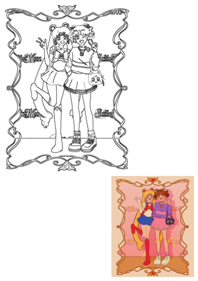 Sailor Moon and a friend, two cheerful anime girls, pose making peace signs inside a beautiful pink and gold decorative frame.