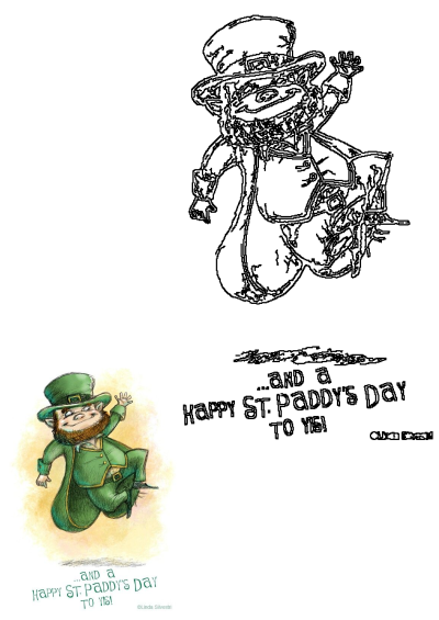 Happy St Patricks Day Leprechaun Card illustration: smiling leprechaun in green, outline art, and 'Happy St. Paddy's Day' text.