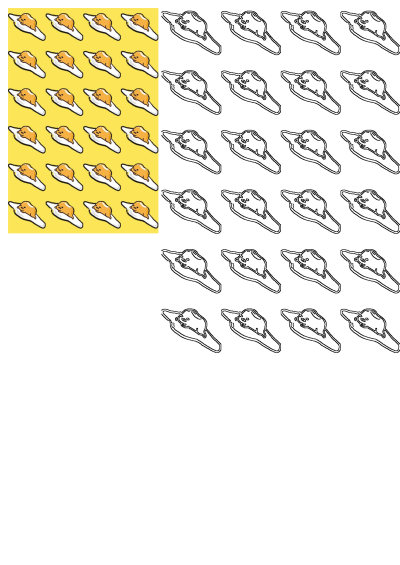 Gudetama lazy egg character pattern on a yellow background, featuring both colored and black outline designs.