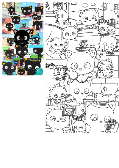 A vibrant collage of many cute black cartoon cats and kittens in various activities, with detailed black-and-white outlines for coloring.
