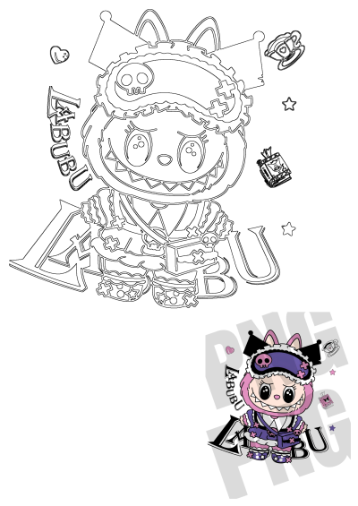 Labubu cartoon character illustration with pink fur, purple outfit, skull eye mask, wide grin, and whimsical floating elements.