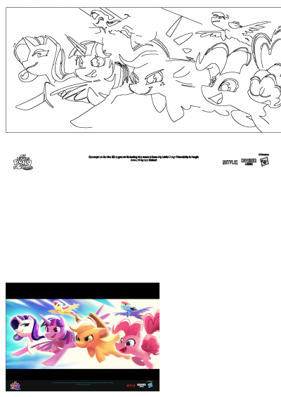 Vibrant My Little Pony Friendship Is Magic concept art of flying ponies. Mane 6 like Twilight Sparkle, Pinkie Pie, Rainbow Dash soar.