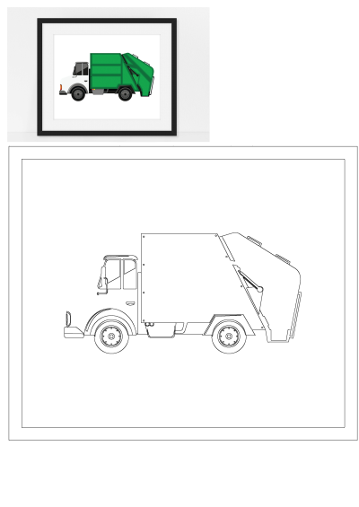 Modern green and white garbage truck illustration in a black frame, accompanied by its simple black line art drawing.