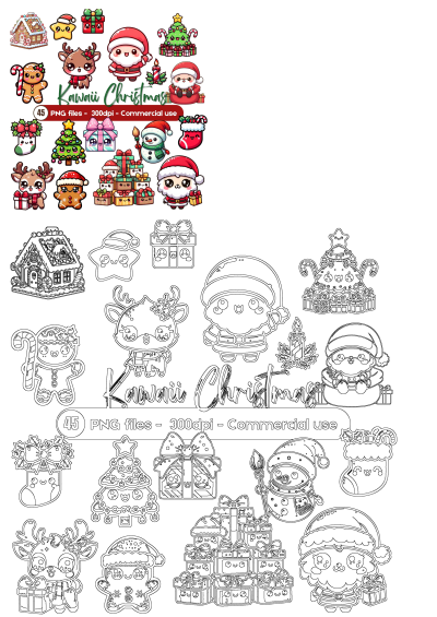 Cute Kawaii Christmas clip art featuring Santa, reindeer, snowman, gingerbread, tree, gifts, and outlines for festive crafts.