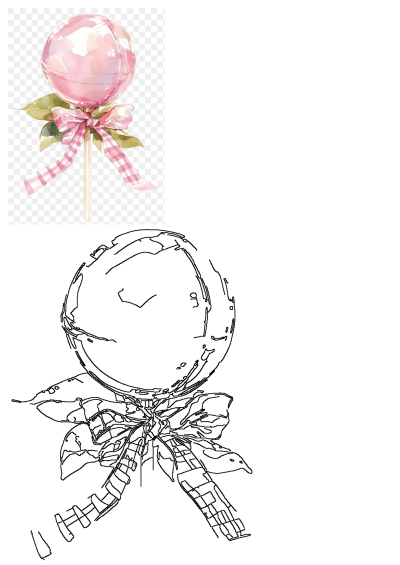 Coquette pink watercolor lollipop illustration, featuring a round, translucent treat on a stick, tied with a plaid pink bow and green leaves.