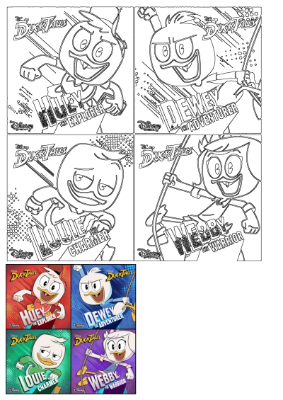 DuckTales characters Huey, Dewey, Louie, and Webby. The image features both black & white outlines and colorful art showing their roles.