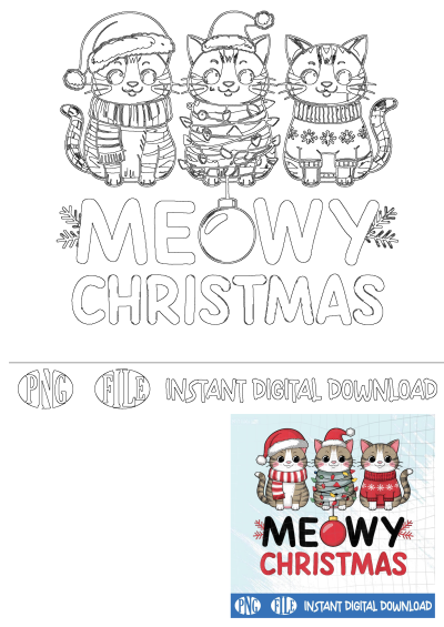Three adorable kittens dressed for Meowy Christmas with Santa hats, scarf, lights, and a snowflake sweater for digital download.