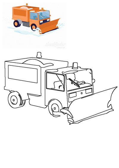 This image features an orange snowplow cartoon illustration for winter snow removal, including a vibrant colored scene and a line art version.