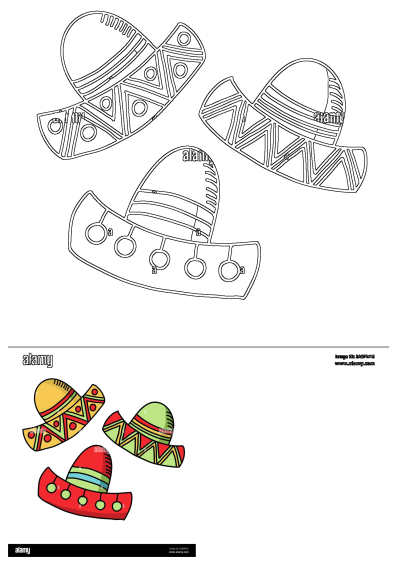 Vibrant cartoon illustration of three Mexican hats in red, yellow, and green, featuring unique patterns. Includes black and white outlines.