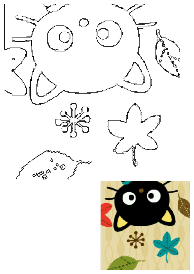 Outline of a cute black cat character, similar to Hello Kitty, surrounded by various autumn leaves and a star shape for illustration.