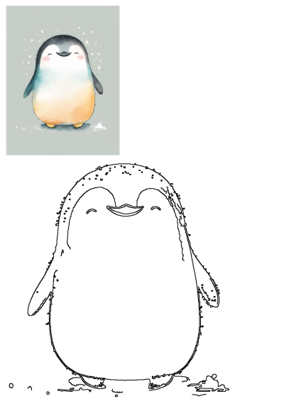 A charming watercolor painting of a cute, happy penguin standing in soft snow, featuring rosy cheeks and a gentle smile.