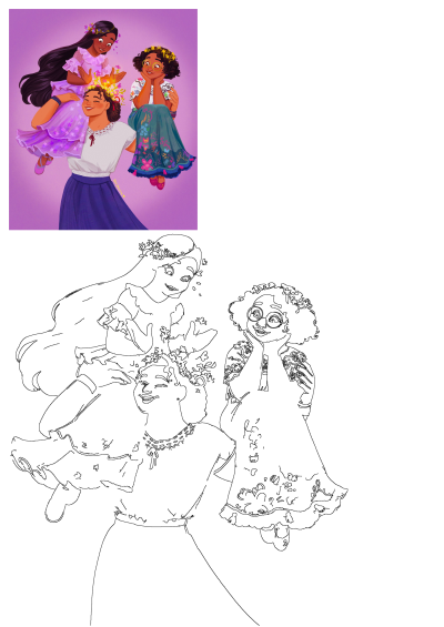 Encanto fan art of joyful sisters Mirabel, Luisa, and Isabela, adorned with vibrant flowers and colorful traditional dresses.