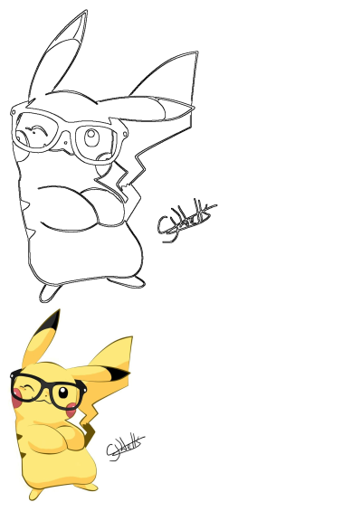 Cute Pikachu drawing with glasses, winking and arms crossed. Presented in both black and white line art and vibrant colored versions.