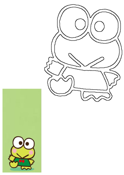 A cartoon Keroppi frog with a bow tie, shown as a crisp black outline and a vibrant small illustration on a light green background.
