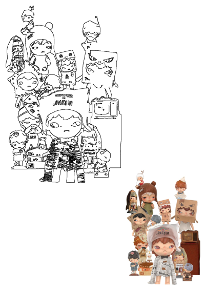 Collection of Hirono The Other One Series blind box figurines alongside a striking line art illustration.