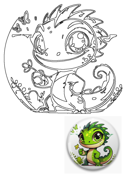 Line art of a cute cartoon lizard featuring a butterfly tail and holding a flower. Surrounded by delicate butterflies and foliage.