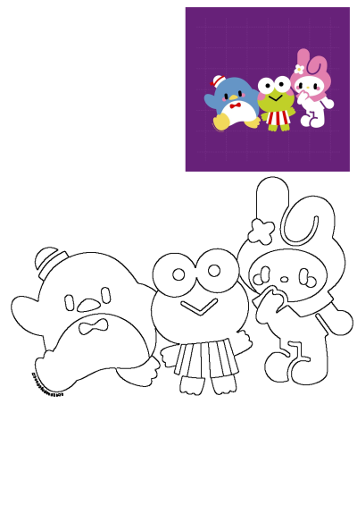 Sanrio cartoon friends, including Badtz-Maru, Keroppi, and My Melody, on a purple background. For fans of Hello Kitty art.