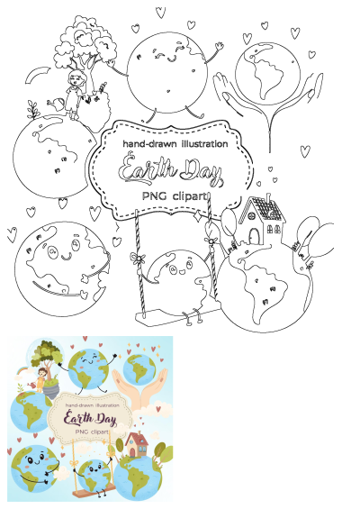 Hand-drawn Earth Day clipart set featuring happy Earth globes, a child watering a tree, hands holding Earth, and Earth on a swing, ideal for environmental themes.