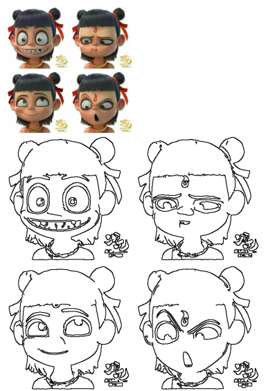 Nezha character expression sheet showcasing various animated emotions in both vibrant 3D renders and detailed line art outlines.