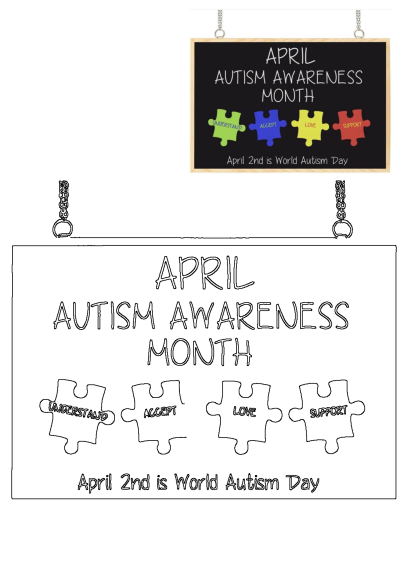 April Autism Awareness Month signs with 'Understand, Accept, Love, Support' puzzle pieces. Promotes awareness and World Autism Day.