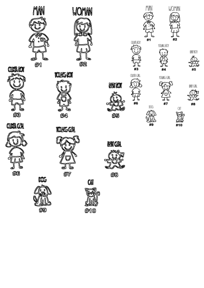 Stick figure family drawing featuring man, woman, older/young/baby boy, older/young/baby girl, dog, and cat outlines.