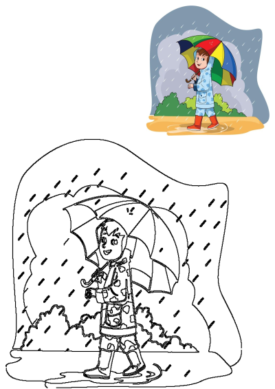 Cartoon illustration of a happy boy wearing a raincoat and red boots, walking in the rain with a colorful umbrella, splashing in puddles.