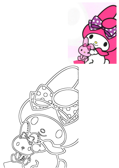 Pink My Melody character resembling Hello Kitty, with a polka-dot bow and tiny bunny (like a teddy bear). Includes line art outline.