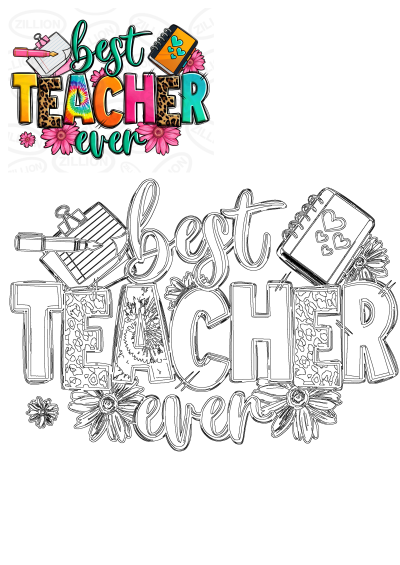 Best Teacher Ever vibrant clipart with notebook, pen, and flowers; includes an outline version for crafting or coloring.