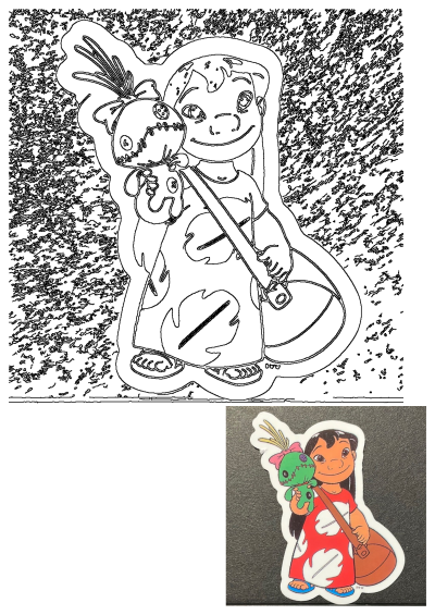 Lilo and Scrump Disney cartoon character sticker featuring Lilo in her iconic red dress with Scrump and a satchel.