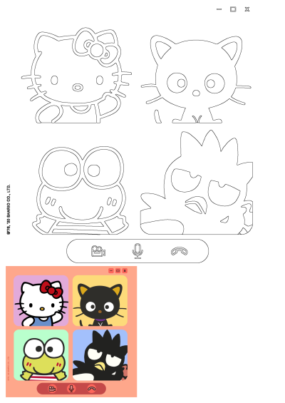 Sanrio characters Hello Kitty, Keroppi, Badtz-Maru, and Chococat in a video call app screenshot design, alongside their line art outlines.