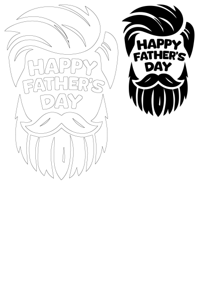Stylized 'Happy Father's Day' graphic featuring a modern hairstyle, prominent mustache, and full beard, available in outline and solid black versions.