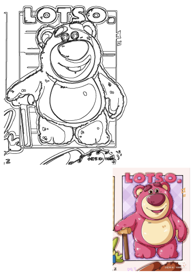 Black and white outline drawing of Lotso, the smiling teddy bear from Toy Story, beside a vibrant colored illustration of the character.
