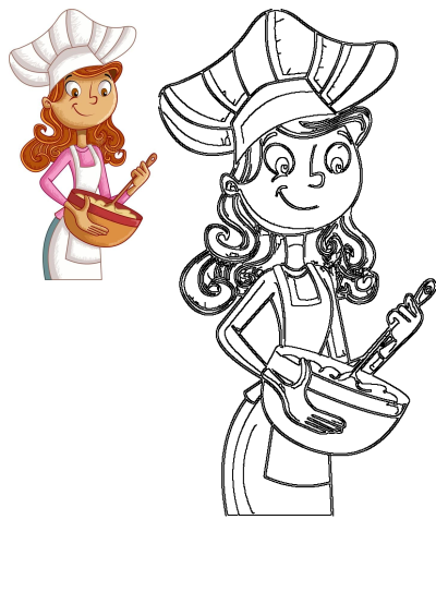 Smiling cartoon girl chef with curly hair, wearing a hat and apron, mixes ingredients in a bowl. Royalty-free illustration for recipes.