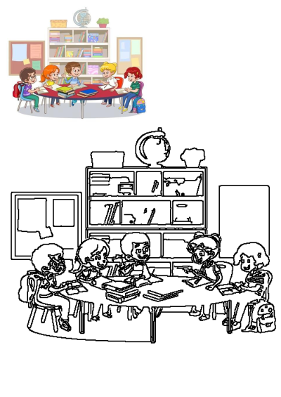 Diverse group of young children happily studying together at a table in a library, surrounded by bookshelves and learning materials.