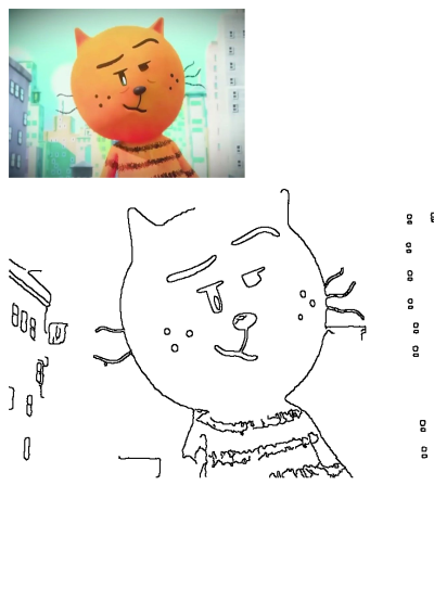 An animated orange cat cartoon character with an expressive face and stripes, set against a blurry city background.