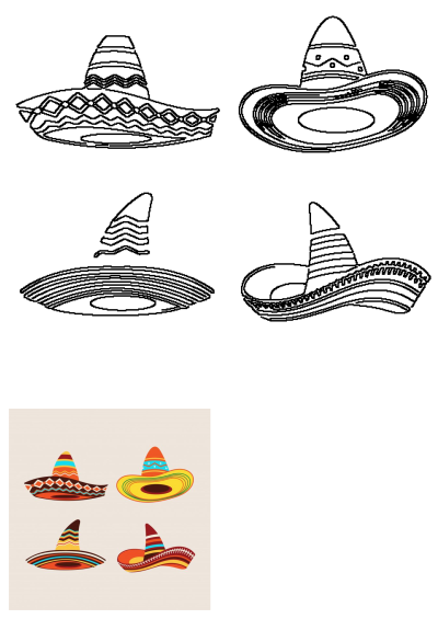 Vibrant, colorful sombrero hats with traditional patterns and outlines, ideal for a festive Mexican fiesta celebration.