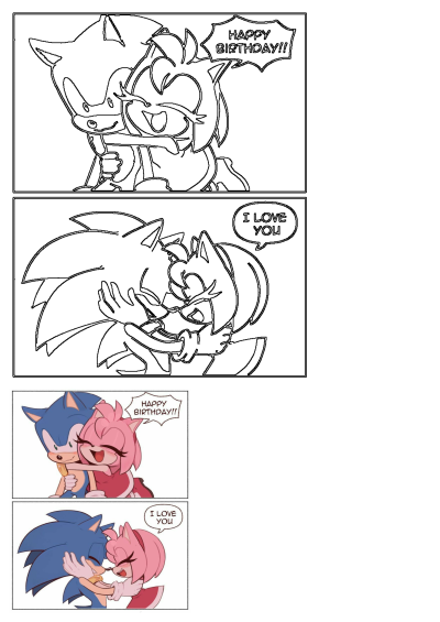 A heartwarming comic featuring Sonic and Amy. Amy shares a 'Happy Birthday' hug with Sonic, followed by a loving 'I Love You' embrace.