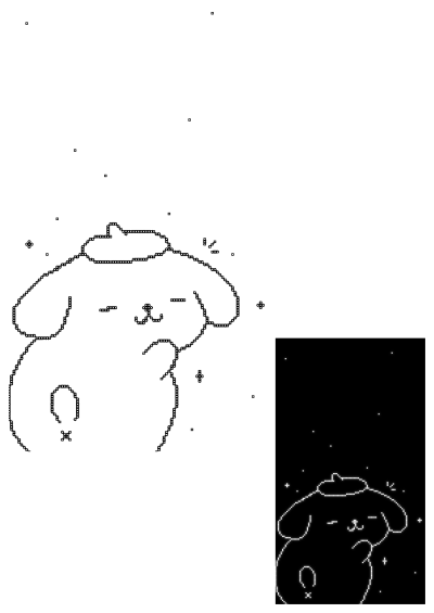 A cute and charming kawaii black and white pixel art illustration of a teddy bear-like character with a hat, surrounded by stars.