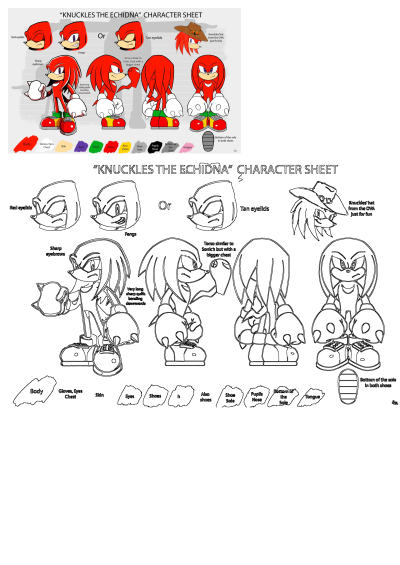 Knuckles the Echidna character sheet with detailed design notes, color guide, various poses, expressions, and line art references.