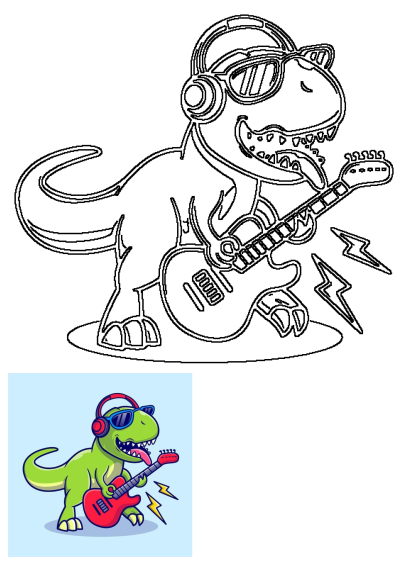 Outline of a cartoon dinosaur wearing headphones and sunglasses, energetically playing an electric guitar with rock lightning bolts.