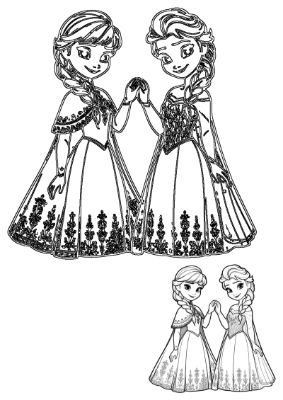 Anna and Elsa, the Frozen princesses, holding hands in a beautiful outline drawing ready for children to color.