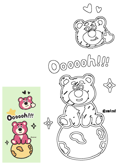 Cute pink teddy bear illustration on a green background with 'Oooooh!!!' text, hearts, and stars. Includes black and white outlines.
