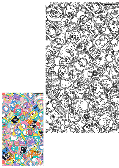 Black and white outline pattern featuring various Sanrio characters like Hello Kitty and My Melody as stickers on a white background.