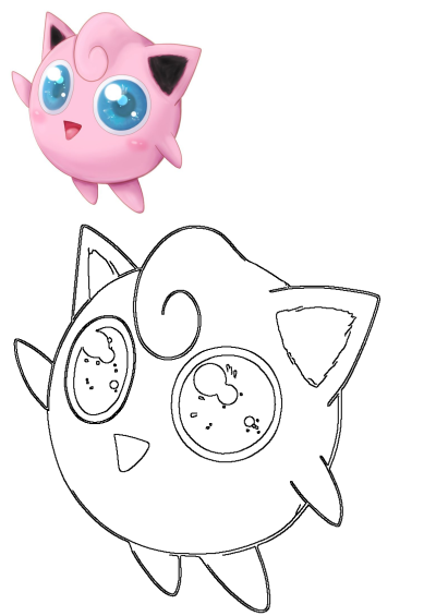 A cute pink Jigglypuff Pokemon with big blue eyes and black-tipped ears, shown both in full color and as a line art drawing.