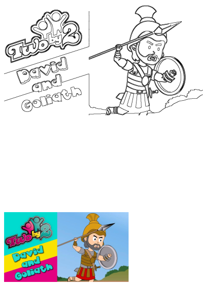 Cartoon Goliath illustration from David and Goliath animated Bible songs for children, showing the warrior with spear and shield.