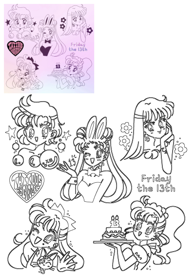 Charming black & white Friday 13th Sailor Moon inspired tattoo designs. Features anime girls with bunny ears, cakes, and spooky-cute elements.