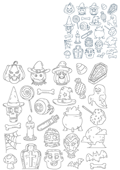 Spooky Halloween doodle outline elements set. Features pumpkins, ghosts, bats, witch hats, skulls, candies, and classic monsters.