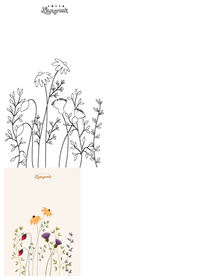 Lotta Langrock's vibrant floral illustration featuring yellow and purple flowers, red buds, and green leaves. Also includes the line art version.