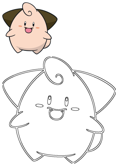 Adorable pink Cleffa Pokemon character cartoon smiling cheerfully, accompanied by a black outline drawing for kids to color.